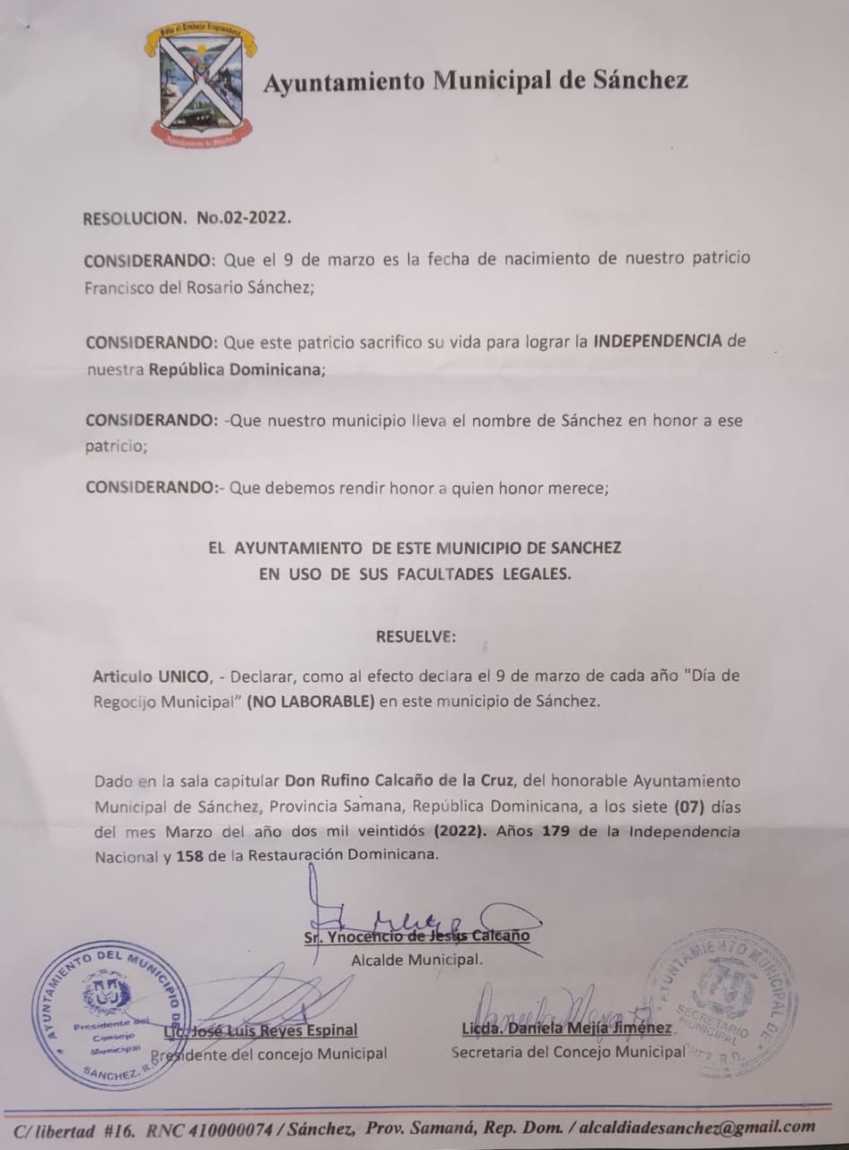 Con motivo al día del natalicio de Francisco del Rosario Sánchez, se declara día de regocijo municipal.